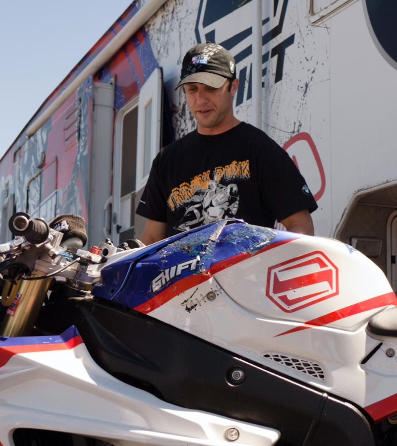 P1020024.jpg - Teach McNeil on hand to perform a stunt show. His S1000RR has received some "modifications". Teach said parts are in short supply right now.
