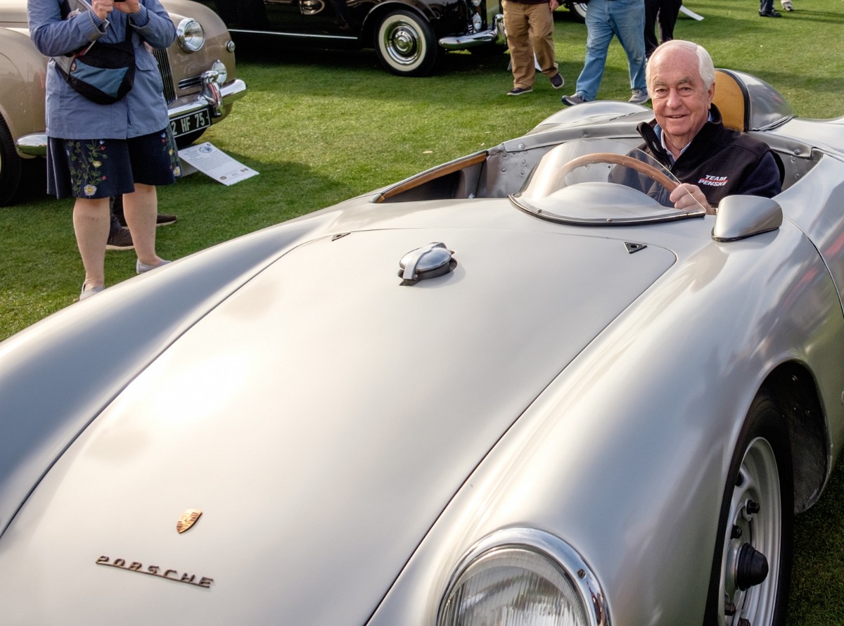 MEGT3716.jpg - AMELIA HONOREE ROGER PENSKE ENTERING THE FIELD DRIVI9NG HIS OLD PORSCHE 550A.