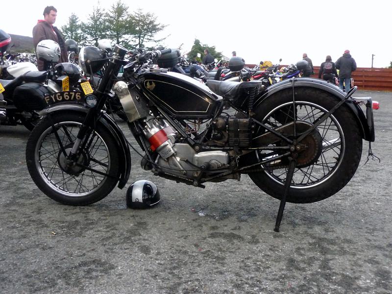 P1020127.JPG - A Scott two-stroke in the Creg's parking lot. 1930's Superbike.