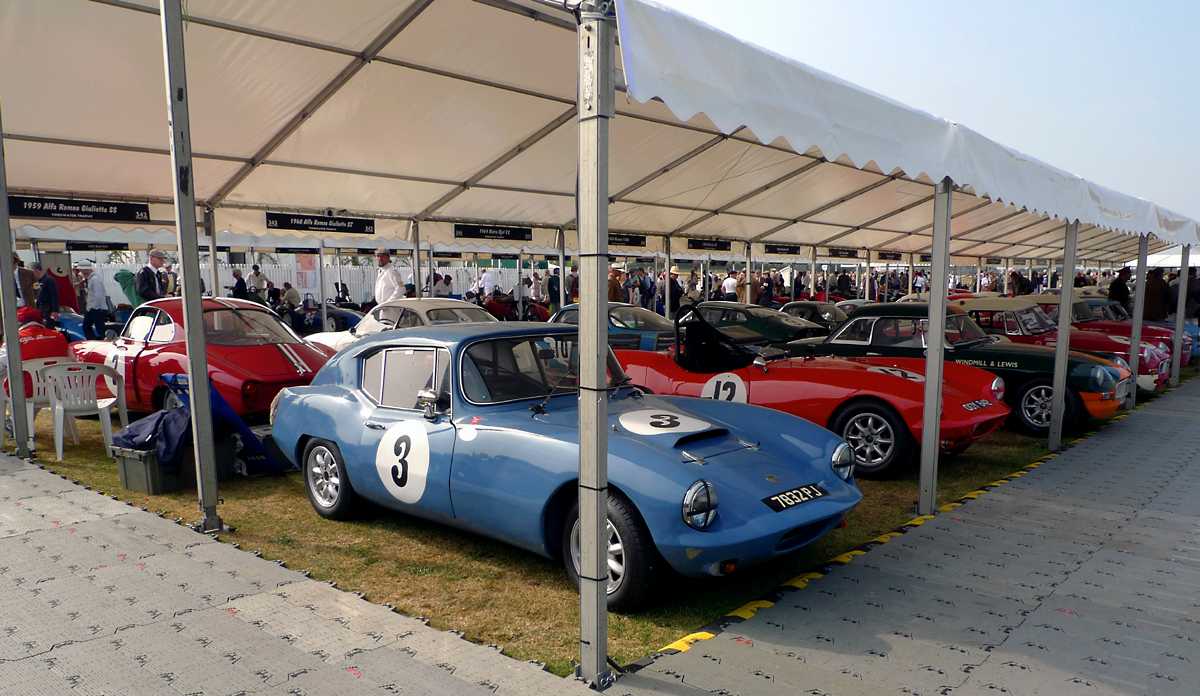L1010894.JPG - A view of the race car paddock, this section was for later small sports cars. Those are Elva Courriers up front, the coupe being fairly rare.